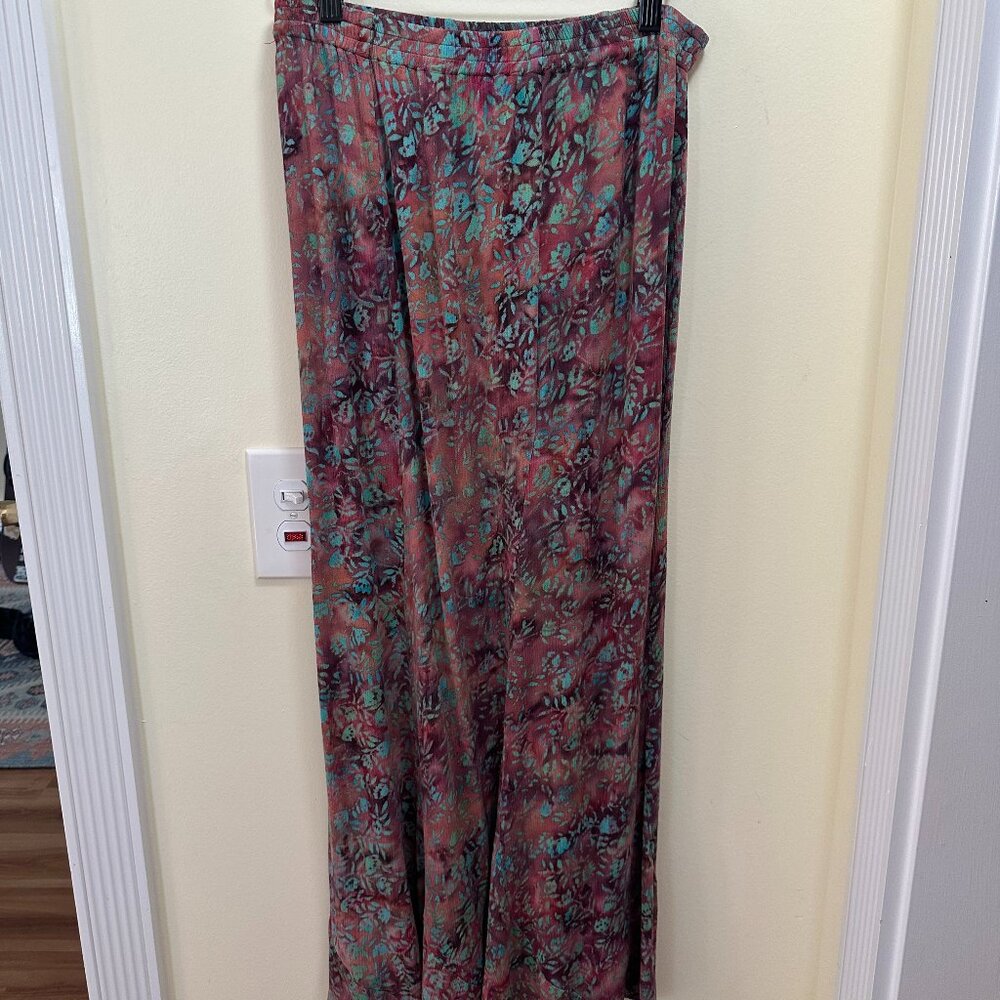 Boho Floral Maxi Skirt Burgundy Teal Elastic Waist